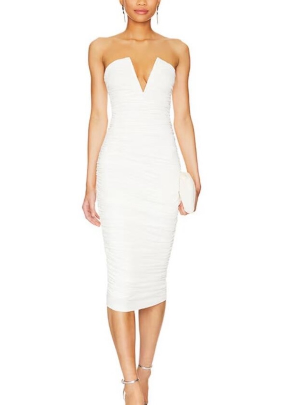 Superdown vivienne strapless white ruched bodycon midi party dress sz s NWT